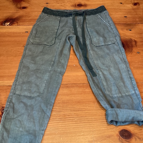 HEI HEI Petite 25P Washed Army Green Roll Cuff Crochet Pants 100% Linen Anthro - Picture 2 of 10